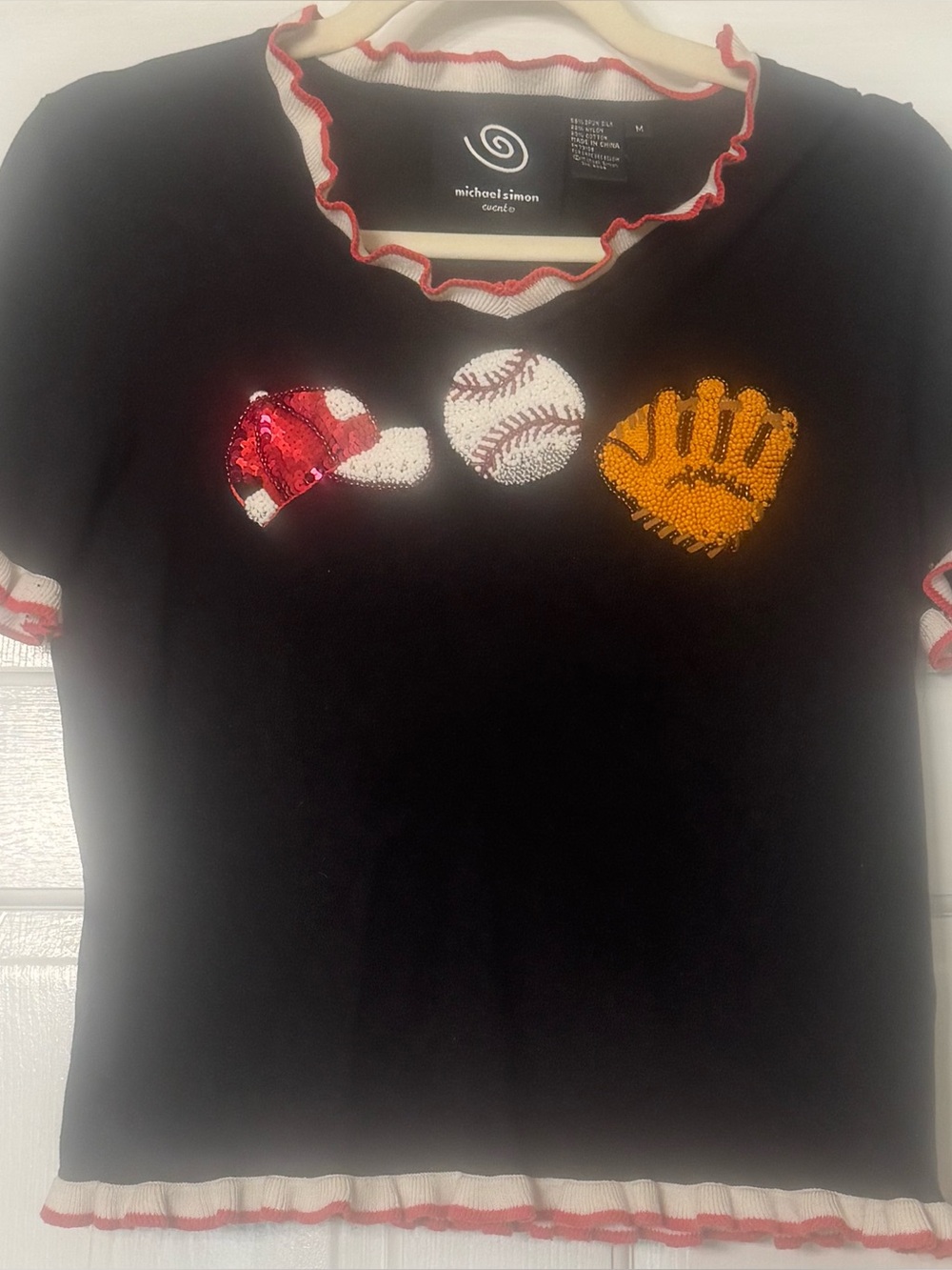 Michael Simon Cropped Lightweight Sweater with Baseball Motif